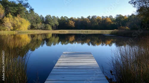 Tranquil White Dock Extending into Serene Pond with Reflective Water