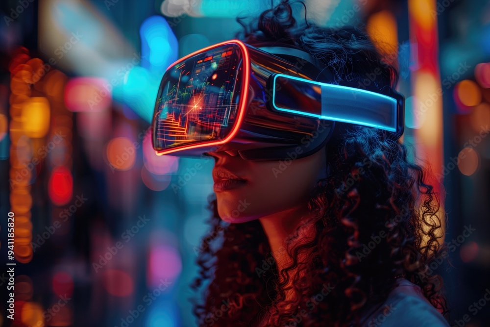 Virtual Reality Experience: A person wearing a VR headset, immersed in a virtual environment with futuristic digital interfaces and landscapes Virtual Reality Experience: A person wearing a VR headset, immersed in a virtual environment with futuristic digital interfaces and landscapes
