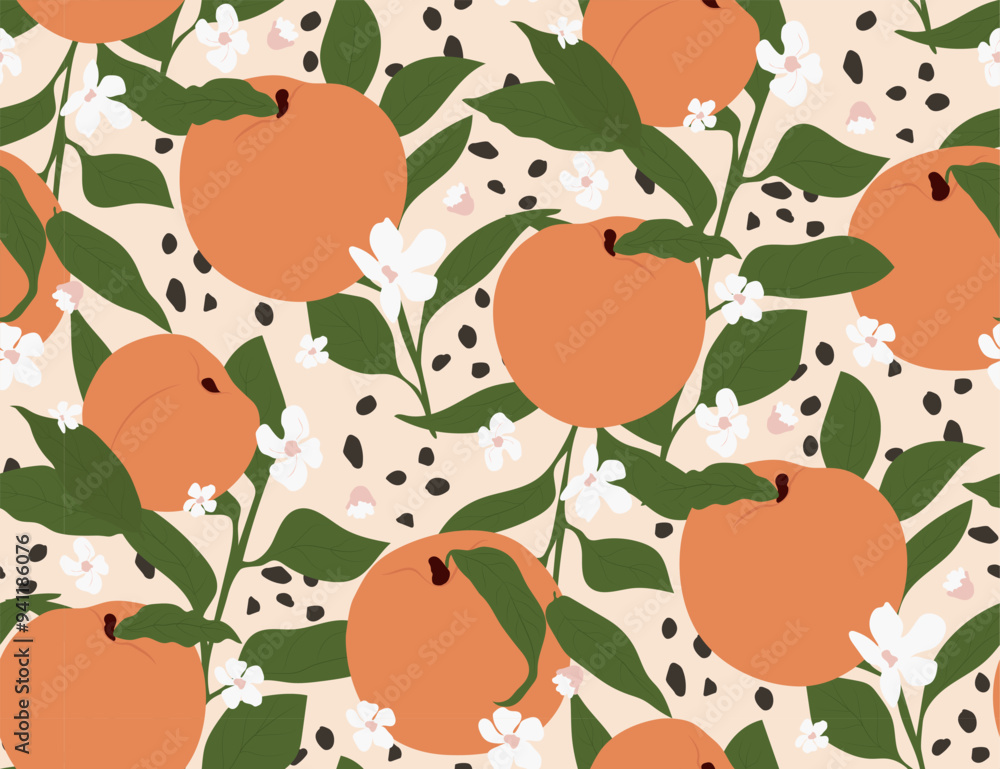 custom made wallpaper toronto digitalSummer time vector peaches seamless pattern. Cute groovy fruits texture background. Trendy tropical peachy design for different purposes.