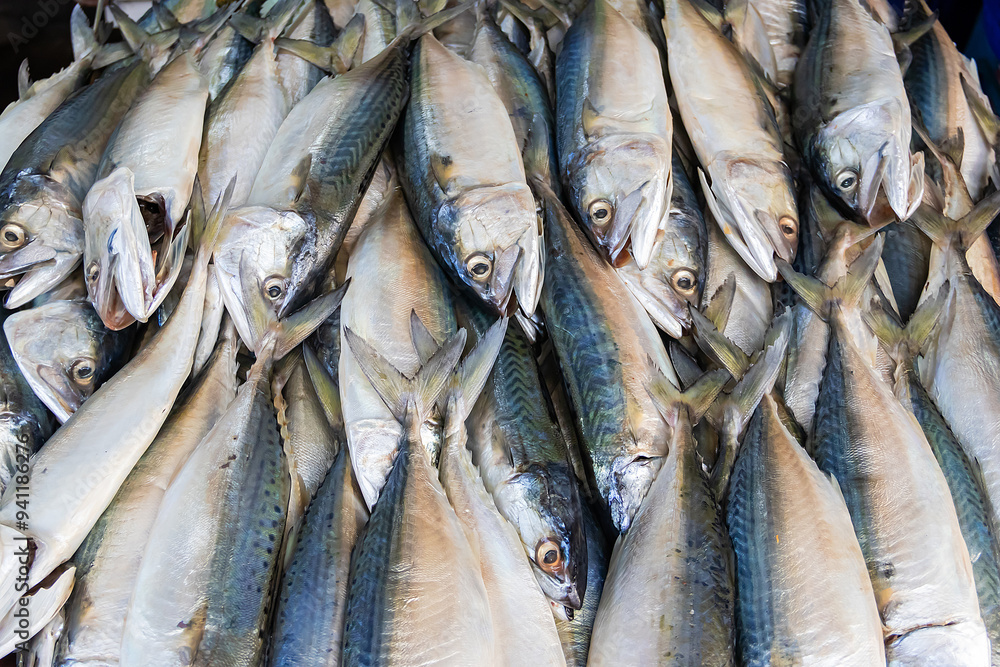 Fototapeta premium Fresh mackerel large quantities in fishery market, ready for sale to customers.