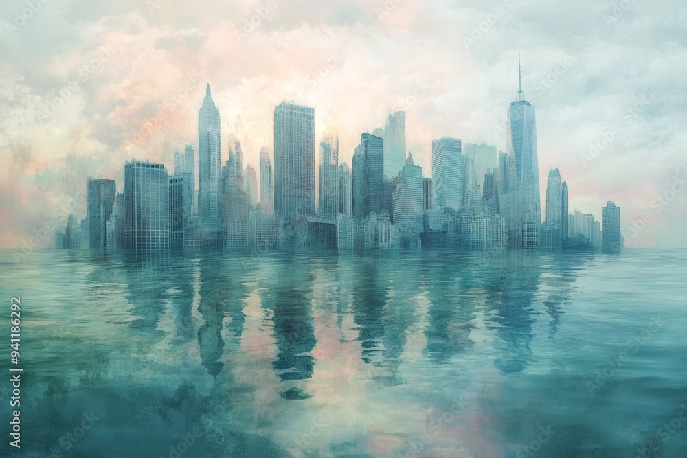 A serene, ethereal cityscape emerging from misty waters, featuring tall buildings reflecting softly on the surface, evoking a dreamlike atmosphere A serene, ethereal cityscape emerging from misty waters, featuring tall buildings reflecting softly on the surface, evoking a dreamlike atmosphere