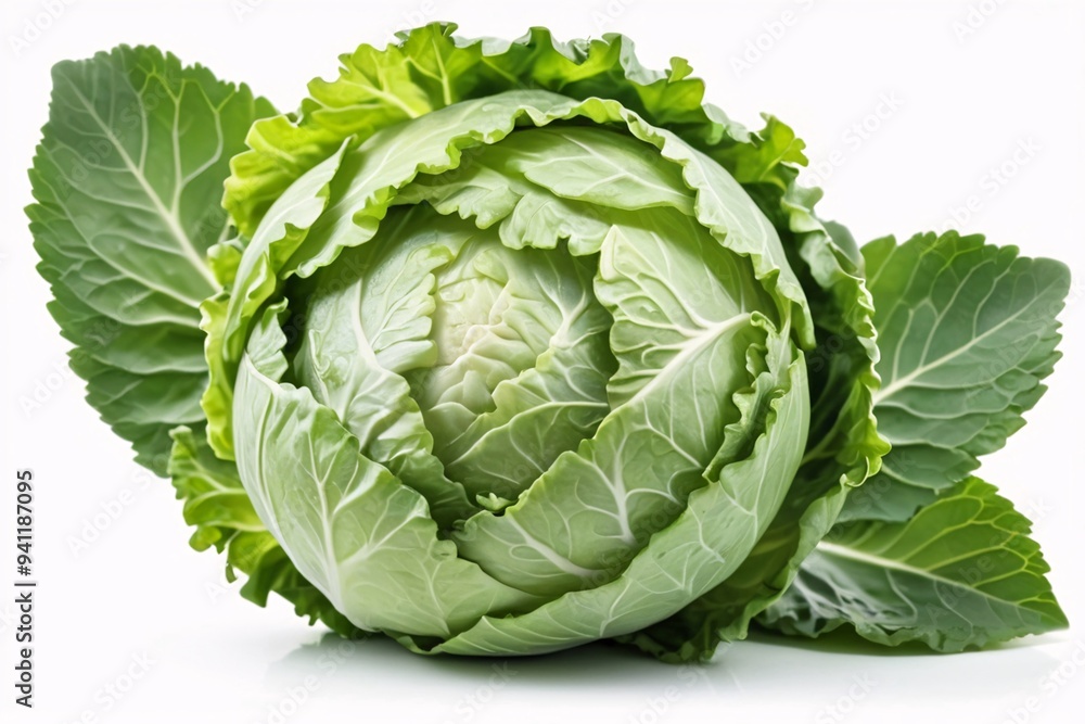 Fototapeta premium Fresh green cabbage isolated on white background.