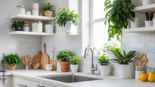 Modern Kitchen with Greenery, White Cabinets, and a Stainless Steel Sink