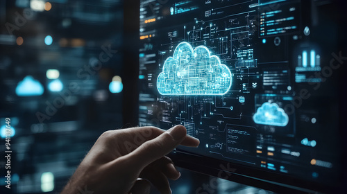 Man using computer showing cloud computing diagram in hand cloud technology data storage network and internet service concept