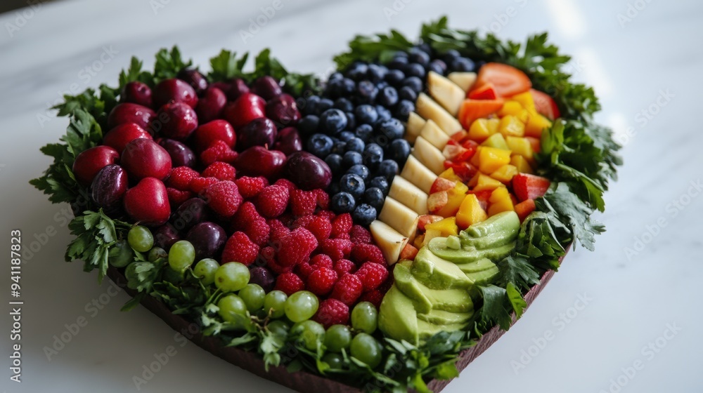A heart shaped platter of fruit and vegetables arranged in a pattern, AI A heart shaped platter of fruit and vegetables arranged in a pattern, AI