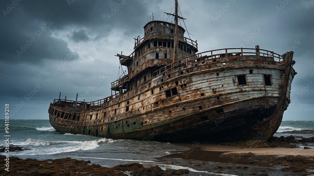 Fototapeta premium Rusty and decaying shipwreck lies abandoned on a beach during a storm with dark clouds in the background.
