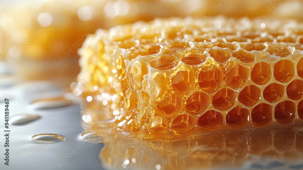 golden honeycomb oozing with fresh honey intricate hexagonal patterns highlighted against pure white background closeup view showcases natural beauty of beeswax