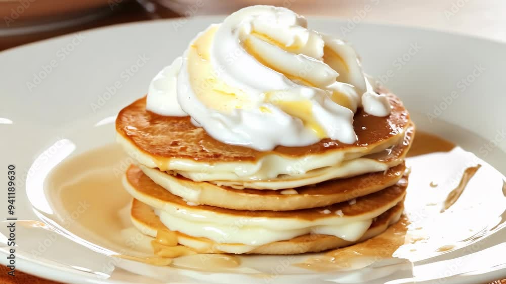 Fluffy pancake stack topped with whipped cream and syrup during a sunny morning brunch Fluffy pancake stack topped with whipped cream and syrup during a sunny morning brunch