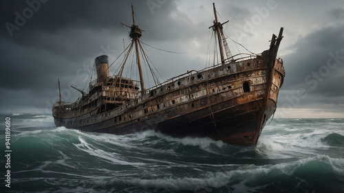 Rusty and decaying shipwreck lies abandoned on a beach during a storm with dark clouds in the background.