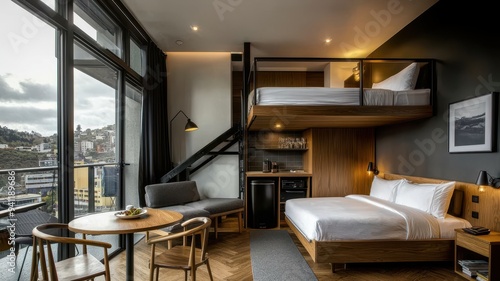 Modern hotel room with a cozy atmosphere, featuring a lofted bed, kitchenette, and large windows for natural light.