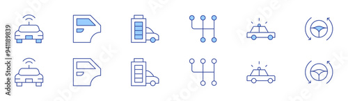 Car icon set in two styles, Duotone and Thin Line style. Editable stroke. autonomous car, gear, car door, full battery, police car, driverless car