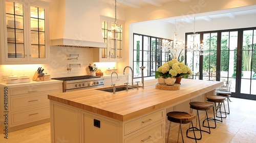 Modern kitchen with elegant design, featuring a wood island, stylish stools, and natural light creating a warm atmosphere.
