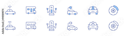 Car icon set in two styles, Duotone and Thin Line style. Editable stroke. autonomous car, electric car, caravan, car, locked car, charging station