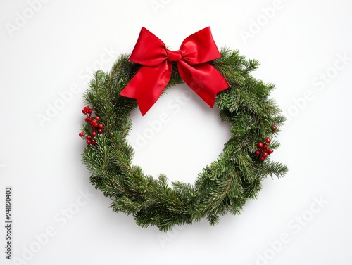 Minimalist christmas wreath featuring evergreen branches and a red bow on a crisp white background photo