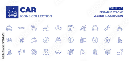 Car icons collection. Thin Line icons, editable stroke. tyre, petrol, connected car, locked car, car insurance, car wheel, electric car, car, wheel, air filter, suv car, car seat, car key