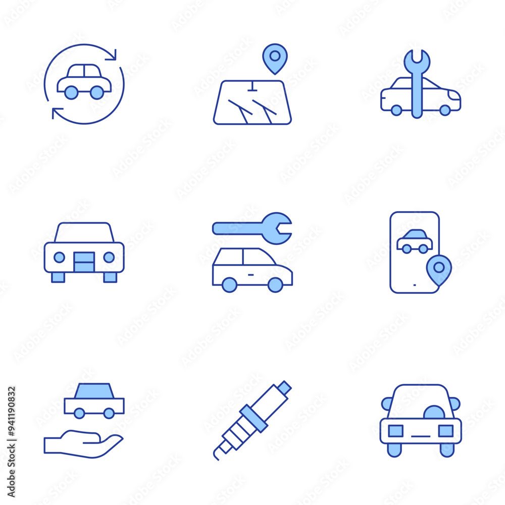 Car icons set. Line Duotone style, editable stroke. car, wiper, spark plug, phone, car service, car repair Car icons set. Line Duotone style, editable stroke. car, wiper, spark plug, phone, car service, car repair