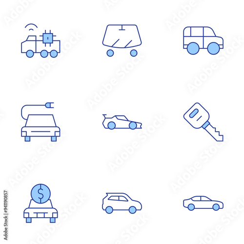 Car icons set. Line Duotone style, editable stroke. electric car, autonomous car, car key, hatchback, sedan, car, windshield, sport car