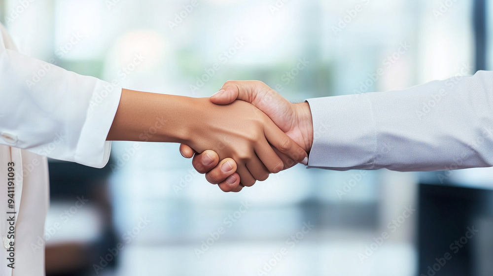 A modern office setting featuring a white business woman and a white business man in business casual outfits, shaking hands with genuine, friendly smiles. The office is well-lit, w A modern office setting featuring a white business woman and a white business man in business casual outfits, shaking hands with genuine, friendly smiles. The office is well-lit, w