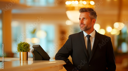 A warm and cozy image of a hotel concierge in a neatly pressed uniform, casually leaning against the front desk while enjoying a cup of coffee. The scene captures a slow shift, wit photo