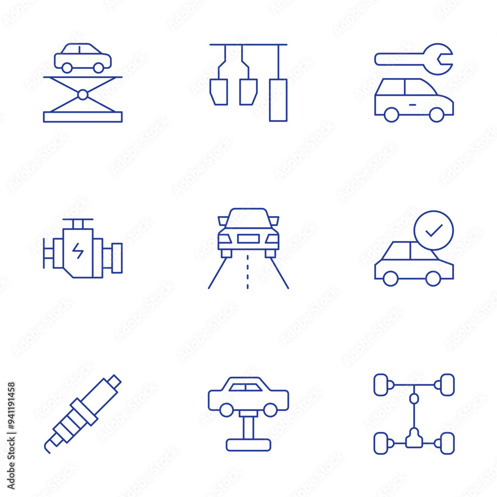 Car icons set. Thin Line style, editable stroke. spark plug, drive, car, car engine, car pedals, car wheel, car lifter, car repair Car icons set. Thin Line style, editable stroke. spark plug, drive, car, car engine, car pedals, car wheel, car lifter, car repair