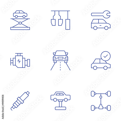 Car icons set. Thin Line style, editable stroke. spark plug, drive, car, car engine, car pedals, car wheel, car lifter, car repair