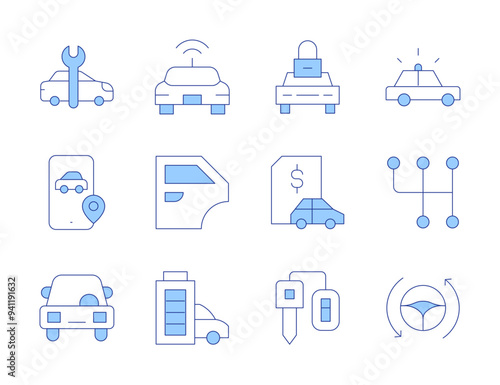 Car icons. Line Duotone style, editable stroke. autonomous car, car key, gear, phone, car door, full battery, car loan, locked car, car, car service, police car, driverless car