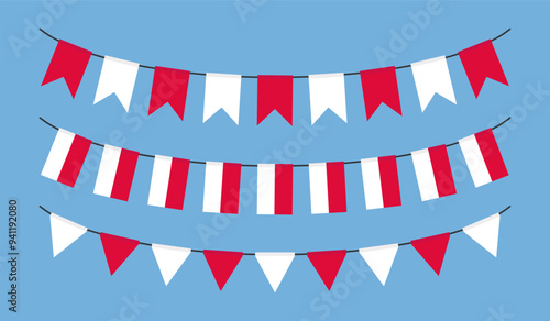 Poland flags garland hanging buntings for Independence Day celebration. Polish flags on ropes isolated on blue background. Vector illustration.