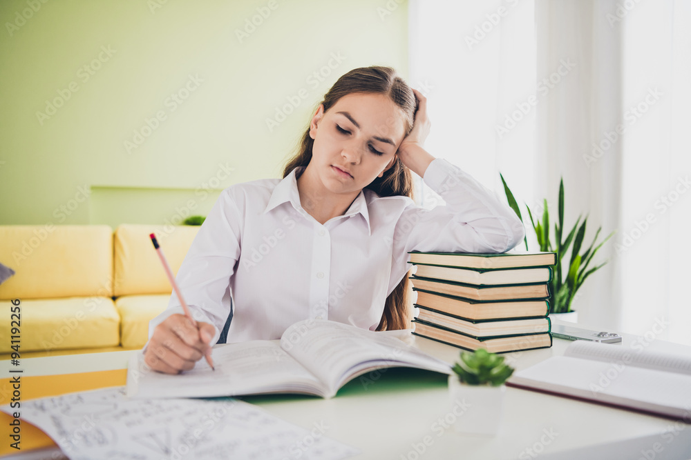 Photo portrait of cute teen schoolgirl tired sleepy do homework wear uniform home education concept school interior Photo portrait of cute teen schoolgirl tired sleepy do homework wear uniform home education concept school interior