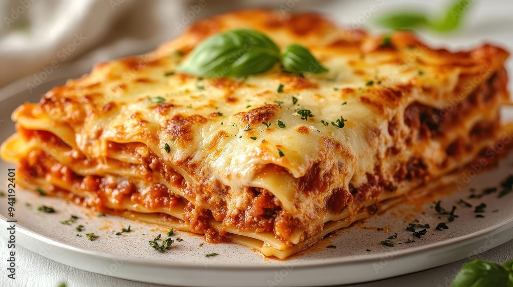 gourmet lasagna closeup with layers of pasta sauce and melted cheese fresh basil garnish adds pop of color against white background gourmet lasagna closeup with layers of pasta sauce and melted cheese fresh basil garnish adds pop of color against white background