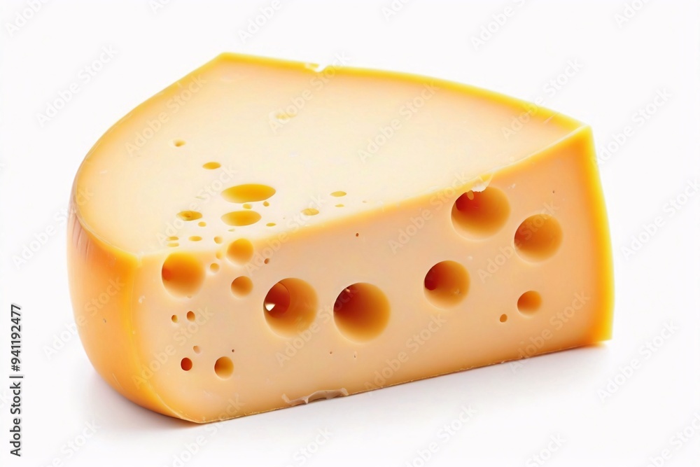 Close-up of a wedge of Swiss cheese with large holes, isolated on a white background. Close-up of a wedge of Swiss cheese with large holes, isolated on a white background.
