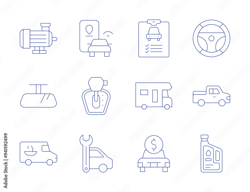 Car icons. Thin Line style, editable stroke. motor, car, caravan, maintenance, rearview mirror, delivery car, location pin, steering wheel, lubricant, pickup truck, automatic transmission Car icons. Thin Line style, editable stroke. motor, car, caravan, maintenance, rearview mirror, delivery car, location pin, steering wheel, lubricant, pickup truck, automatic transmission