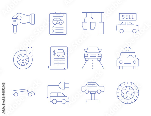 Car icons. Thin Line style, editable stroke. drive, pricing, electric car, car inspection, car, sport car, connected car, car wheel, locked car, car key, car pedals, car lifter