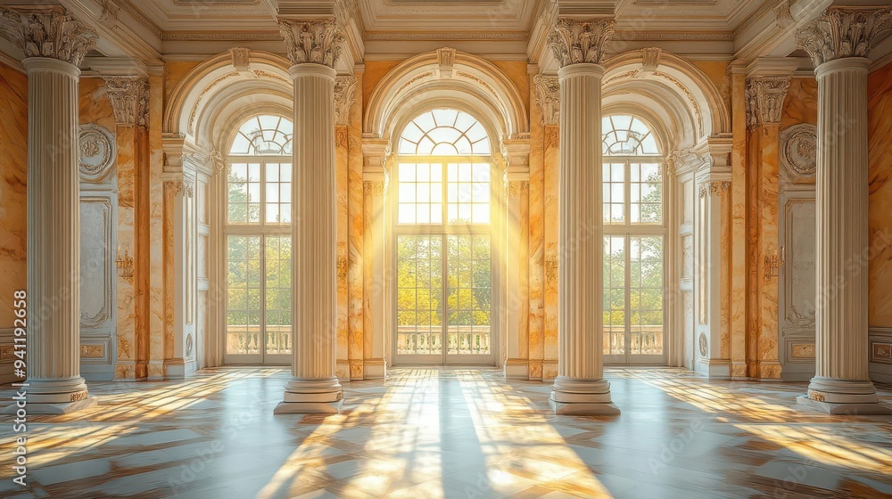 grandiose room with towering marble columns massive arched window ornate details soft natural light streaming in luxurious classical interior grandiose room with towering marble columns massive arched window ornate details soft natural light streaming in luxurious classical interior