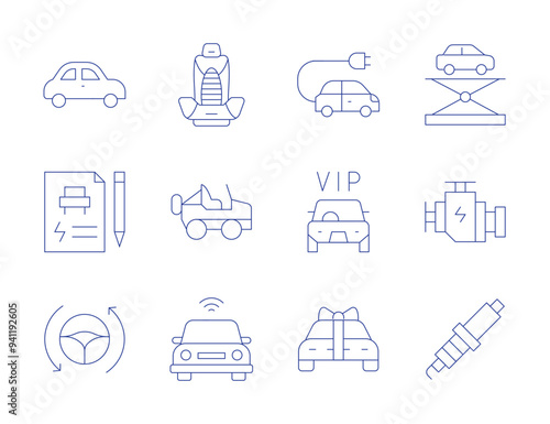 Car icons. Thin Line style, editable stroke. spark plug, car, autonomous car, electric vehicle, taxi, driverless car, car insurance, suv car, car seat, car engine, car lifter