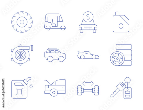 Car icons. Thin Line style, editable stroke. tuk tuk, suv, trunk, fuel, car key, wheel alignment, tyre, petrol, wheel, air filter, sport car, car