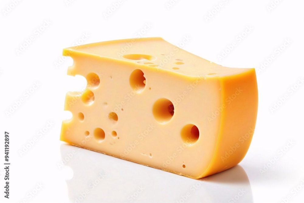 A close-up of a wedge of Swiss cheese with visible holes. A close-up of a wedge of Swiss cheese with visible holes.