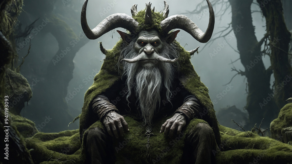 Naklejka premium Ancient moss-covered throne with a mystical figure sitting in a forest, emitting a magical atmosphere.