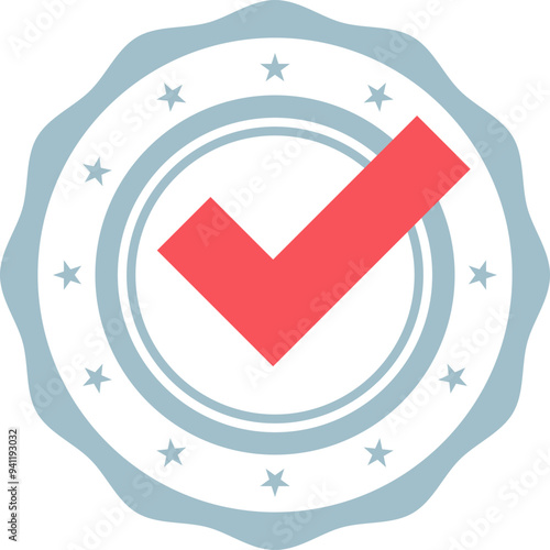 A red check mark inside a circular stamp with stars, symbolizing approval or certification.