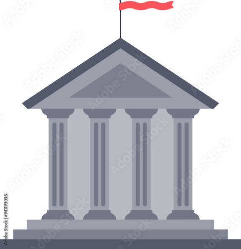 Illustration of a classic bank building with pillars and a red flag.