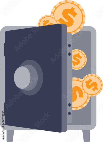 Illustration of a secure safe with dollar coins, symbolizing financial security and savings protection.