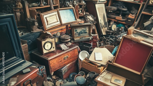 Old antiques and retro collectibles memorabilia dumped in a huge pile. Garage sale, attic room storage conceptual still life or disposal and recycling of outdated objects. Vintage style filtered photo