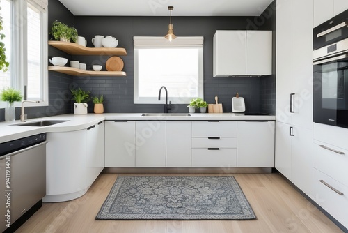 Modern White Kitchen with Gray Tile Backsplash and a Rug