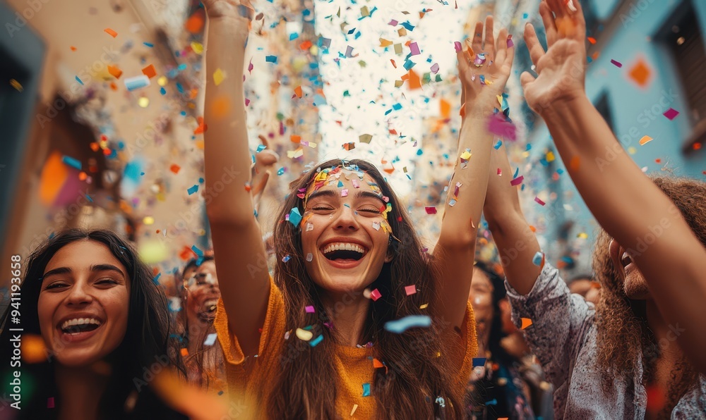 A creative business team celebrating reaching their targets, high-fives and smiles, confetti in the air, vibrant and lively scene A creative business team celebrating reaching their targets, high-fives and smiles, confetti in the air, vibrant and lively scene
