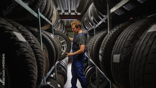 Foto Hardworking experienced worker holding tire and he wants to change it In the tire store