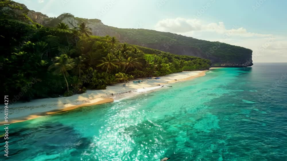 Explore the serene tropical beach in the afternoon sun with clear blue waters and lush greenery Explore the serene tropical beach in the afternoon sun with clear blue waters and lush greenery