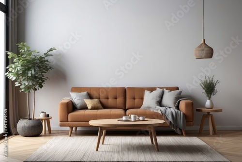 Wallpaper Mural Modern Living Room with Brown Sofa, Wooden Coffee Table and Area Rug Torontodigital.ca