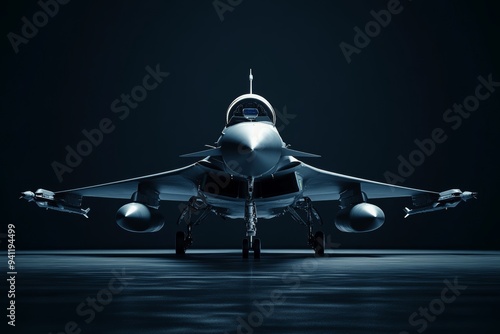 Front view 3d render of eurofighter fighter jet fully loaded against dark background photo