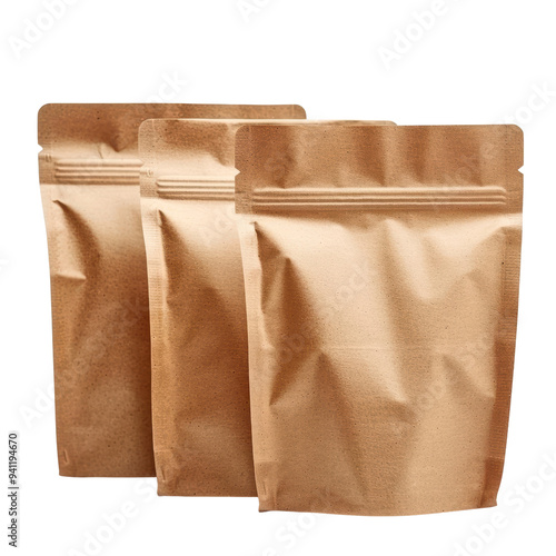 Three brown paper bags standing in a row with crinkled tops and clean, minimalist design photo