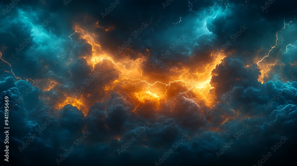 Fototapeta premium Dramatic stormy sky with lightning and dark clouds.