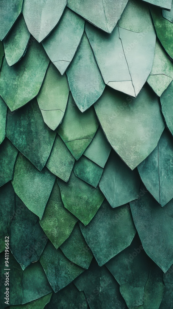 Obraz premium Abstract close-up of overlapping green leaves, creating a textured pattern that resembles scales or natural layers.